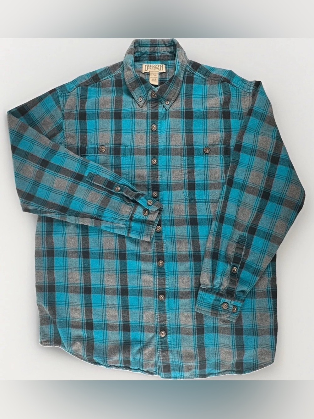 Duluth Trading Flannel Shirt Men's XL Tall Blue Gray Plaid Button Down Cotton